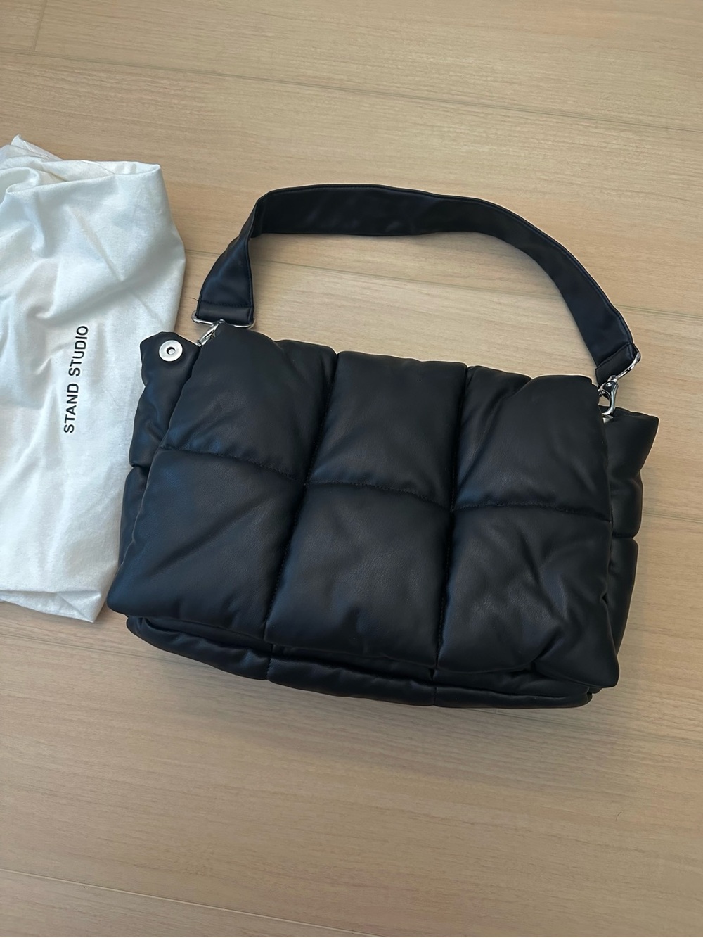 Stand Studio Black Quilted Leather Puffer Bag | 3-Way Crossbody/Shoulder/Clutch